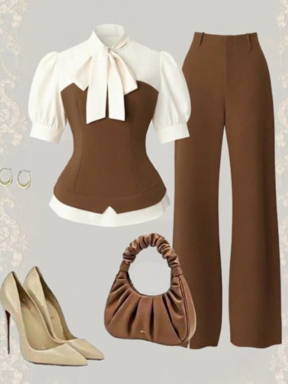 M Blouse and Wide Leg Pants Set - Brown Cream Bow